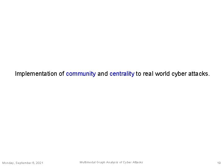 Implementation of community and centrality to real world cyber attacks. Monday, September 6, 2021