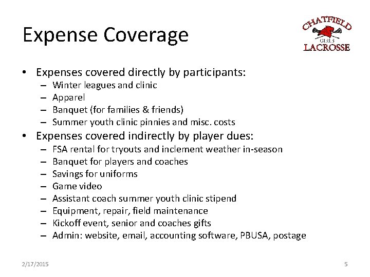 Expense Coverage • Expenses covered directly by participants: – – Winter leagues and clinic