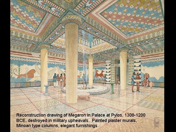 Reconstruction drawing of Megaron in Palace at Pylos, 1300 -1200 BCE, destroyed in military