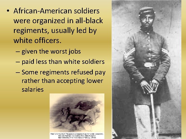  • African-American soldiers were organized in all-black regiments, usually led by white officers.