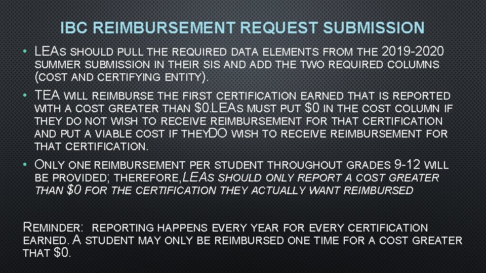 IBC REIMBURSEMENT REQUEST SUBMISSION • LEAS SHOULD PULL THE REQUIRED DATA ELEMENTS FROM THE