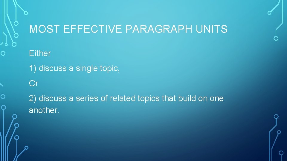 MOST EFFECTIVE PARAGRAPH UNITS Either 1) discuss a single topic, Or 2) discuss a