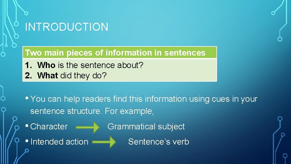 INTRODUCTION Two main pieces of information in sentences 1. Who is the sentence about?