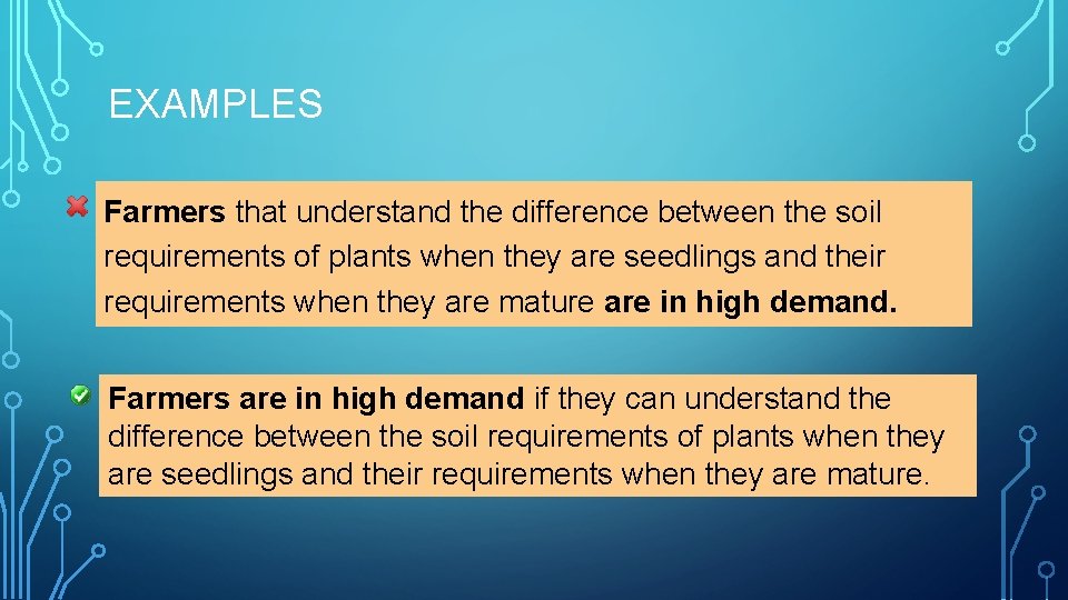 EXAMPLES Farmers that understand the difference between the soil requirements of plants when they