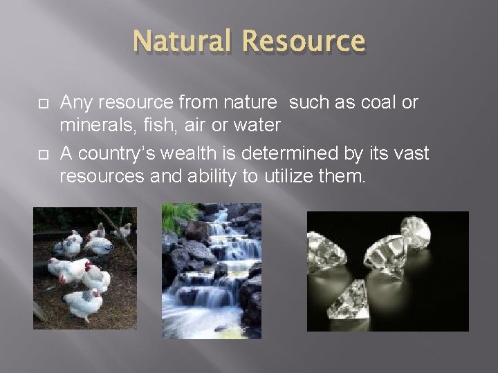 Natural Resource Any resource from nature such as coal or minerals, fish, air or