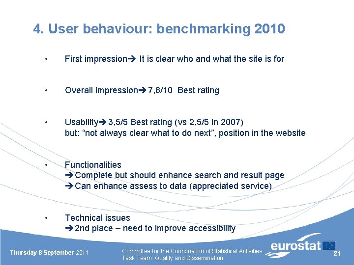 4. User behaviour: benchmarking 2010 • First impression It is clear who and what