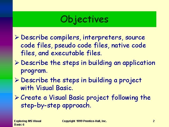 Objectives Ø Describe compilers, interpreters, source code files, pseudo code files, native code files,