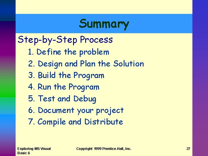 Summary Step-by-Step Process 1. Define the problem 2. Design and Plan the Solution 3.
