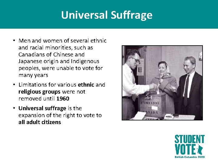 Universal Suffrage • Men and women of several ethnic and racial minorities, such as