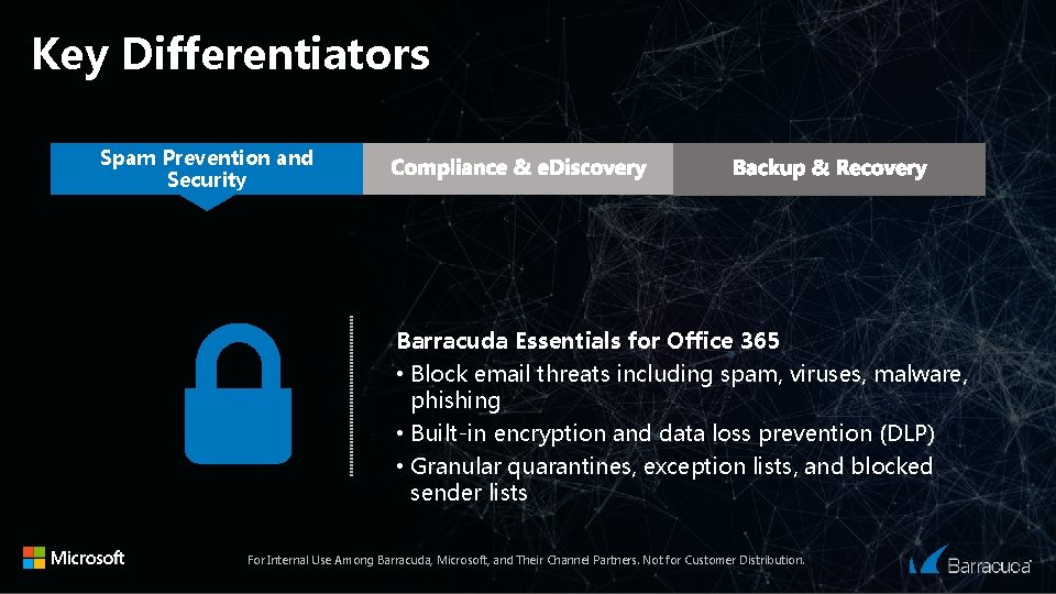 Key Differentiators Spam Prevention and Challenge Security Barracuda Essentials for Office 365 • Block
