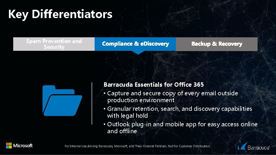 Key Differentiators Spam Prevention and Security Barracuda Essentials for Office 365 • Capture and