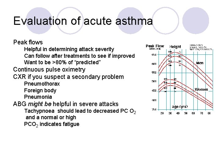 Evaluation of acute asthma Peak flows Helpful in determining attack severity Can follow after