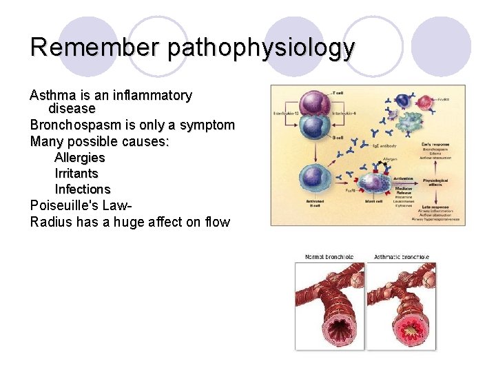 Remember pathophysiology Asthma is an inflammatory disease Bronchospasm is only a symptom Many possible