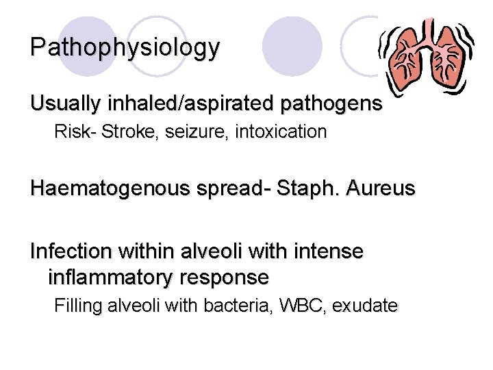 Pathophysiology Usually inhaled/aspirated pathogens Risk- Stroke, seizure, intoxication Haematogenous spread- Staph. Aureus Infection within