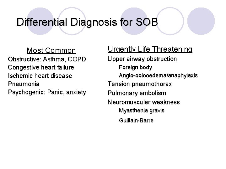Differential Diagnosis for SOB Most Common Obstructive: Asthma, COPD Congestive heart failure Ischemic heart