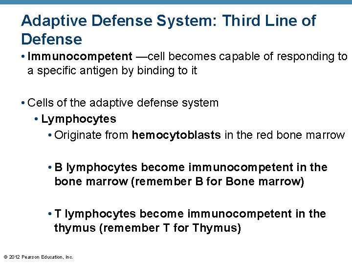 Adaptive Defense System: Third Line of Defense • Immunocompetent —cell becomes capable of responding