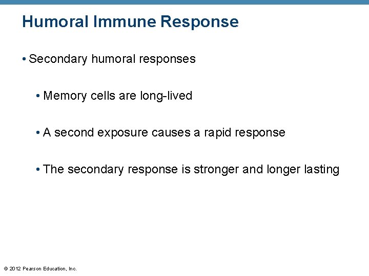 Humoral Immune Response • Secondary humoral responses • Memory cells are long-lived • A