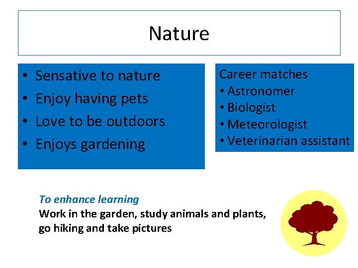 Nature • • Sensative to nature Enjoy having pets Love to be outdoors Enjoys