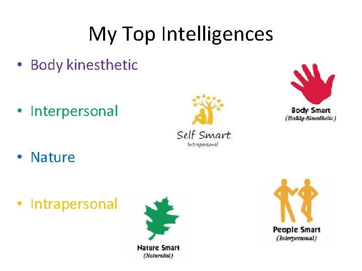My Top Intelligences • Body kinesthetic • Interpersonal • Nature • Intrapersonal 