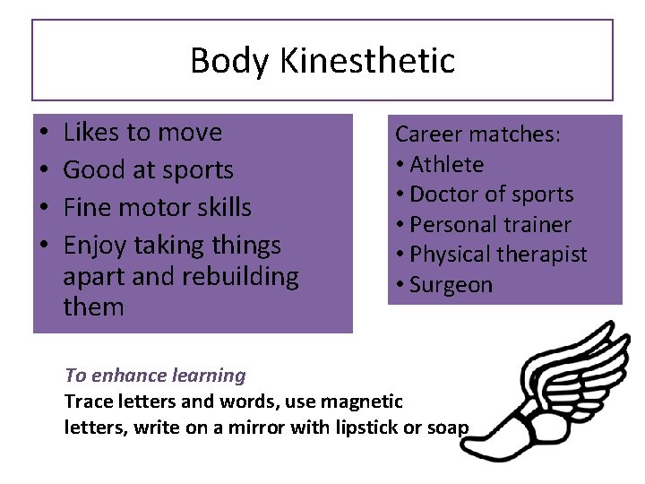 Body Kinesthetic • • Likes to move Good at sports Fine motor skills Enjoy