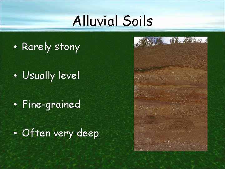 Alluvial Soils • Rarely stony • Usually level • Fine-grained • Often very deep