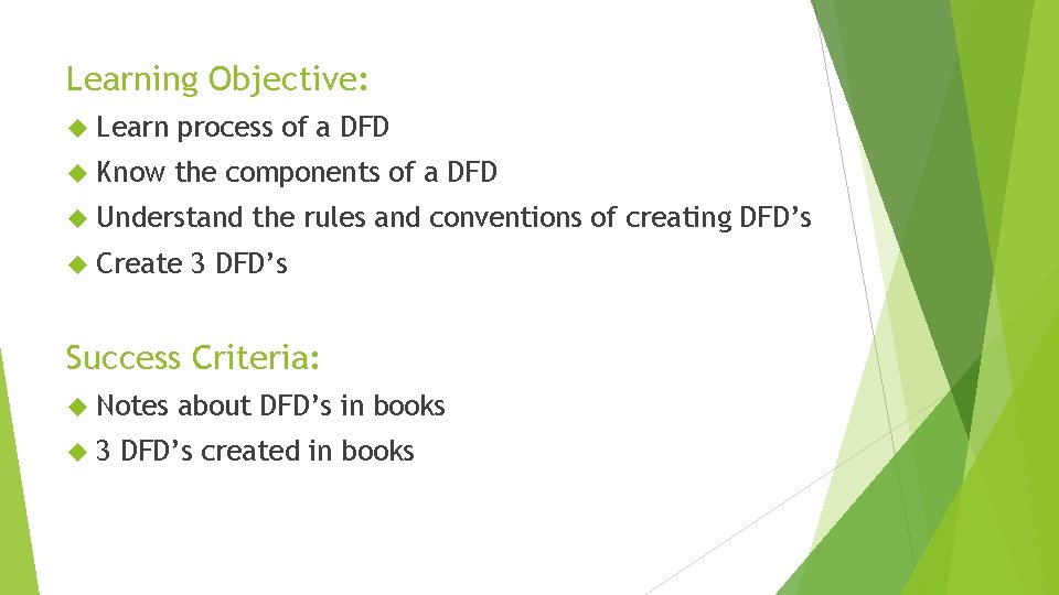 Learning Objective: Learn process of a DFD Know the components of a DFD Understand