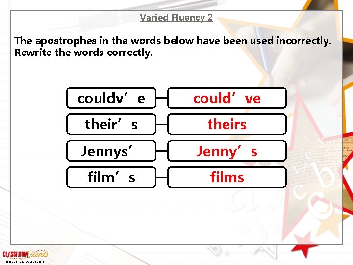 Varied Fluency 2 The apostrophes in the words below have been used incorrectly. Rewrite