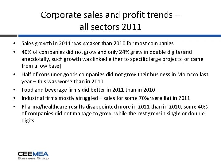 Corporate sales and profit trends – all sectors 2011 • • • Sales growth