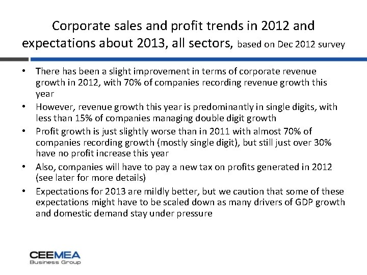 Corporate sales and profit trends in 2012 and expectations about 2013, all sectors, based