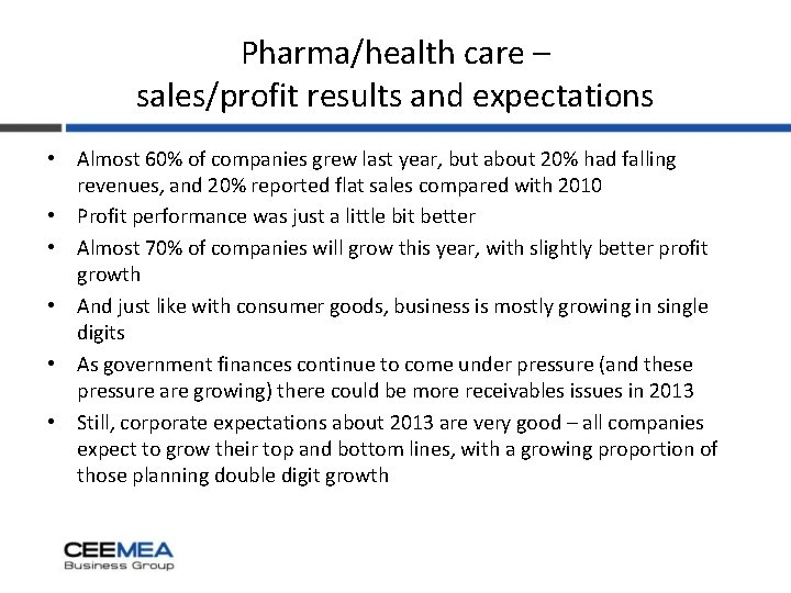Pharma/health care – sales/profit results and expectations • Almost 60% of companies grew last