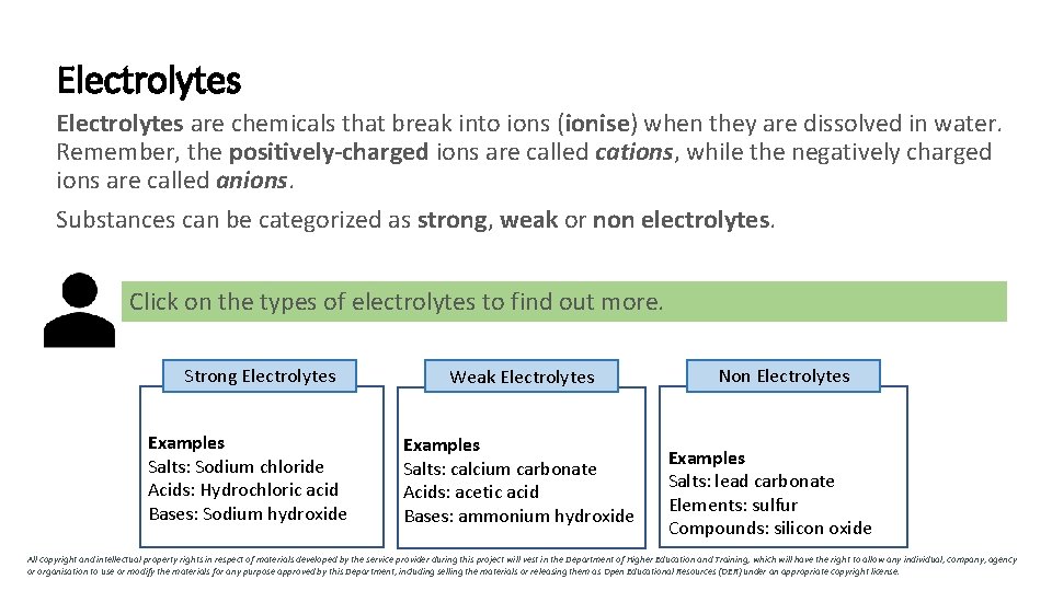 Electrolytes are chemicals that break into ions (ionise) when they are dissolved in water.