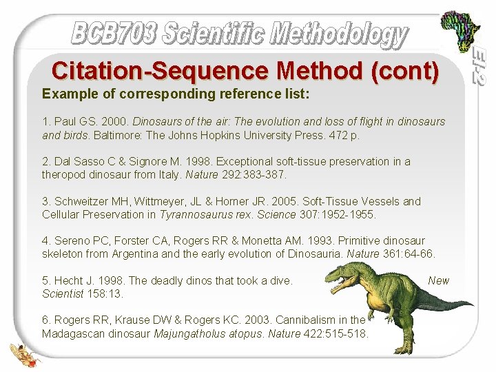 Citation-Sequence Method (cont) Example of corresponding reference list: 1. Paul GS. 2000. Dinosaurs of