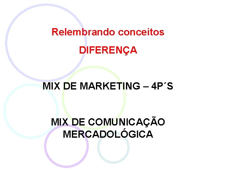 Relembrando conceitos DIFERENÇA MIX DE MARKETING – 4 P´S MIX DE COMUNICAÇÃO MERCADOLÓGICA 