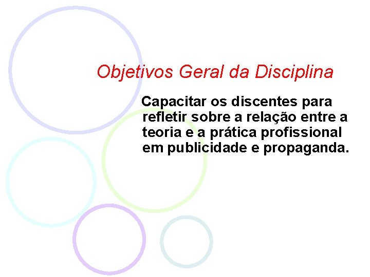 Objetivos Geral da Disciplina Capacitar os discentes para refletir sobre a relação entre a
