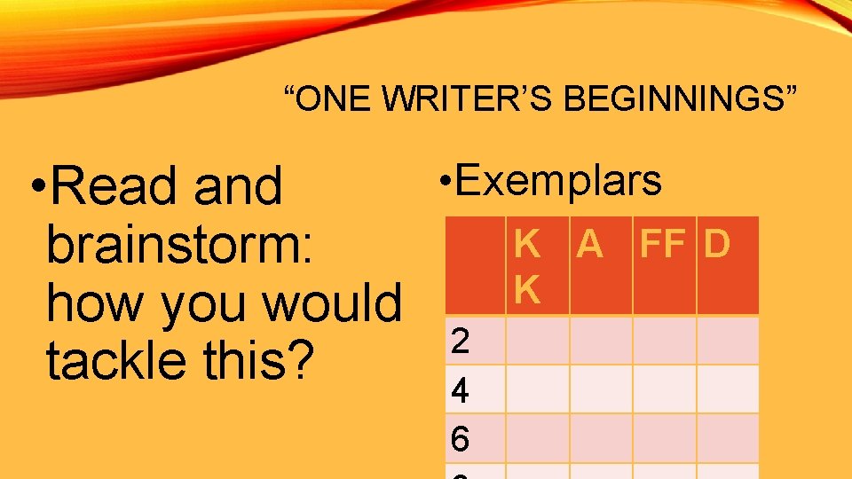 “ONE WRITER’S BEGINNINGS” • Exemplars • Read and K A FF D brainstorm: K