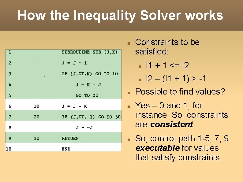 How the Inequality Solver works Constraints to be satisfied: I 1 + 1 <=