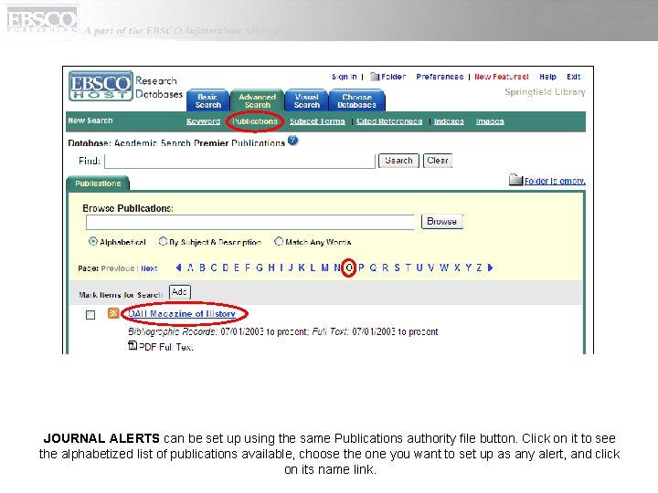 JOURNAL ALERTS can be set up using the same Publications authority file button. Click