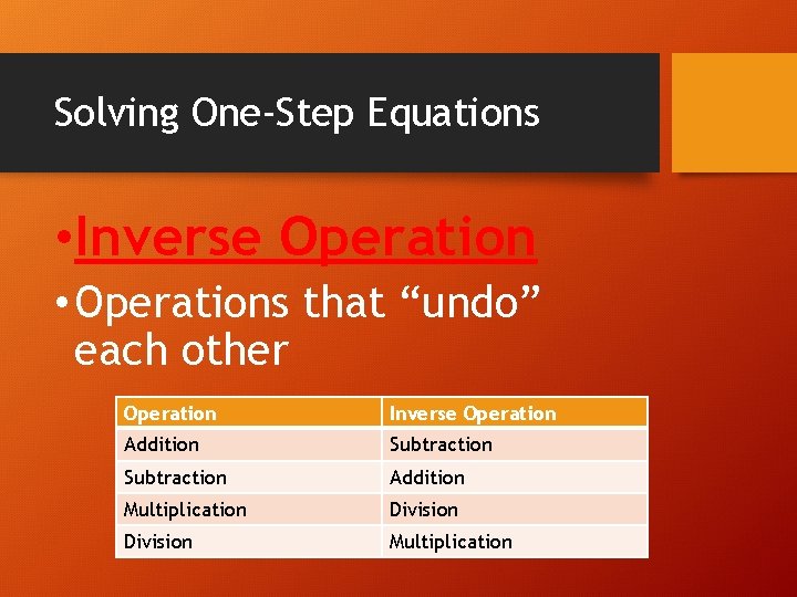 Solving One-Step Equations • Inverse Operation • Operations that “undo” each other Operation Inverse