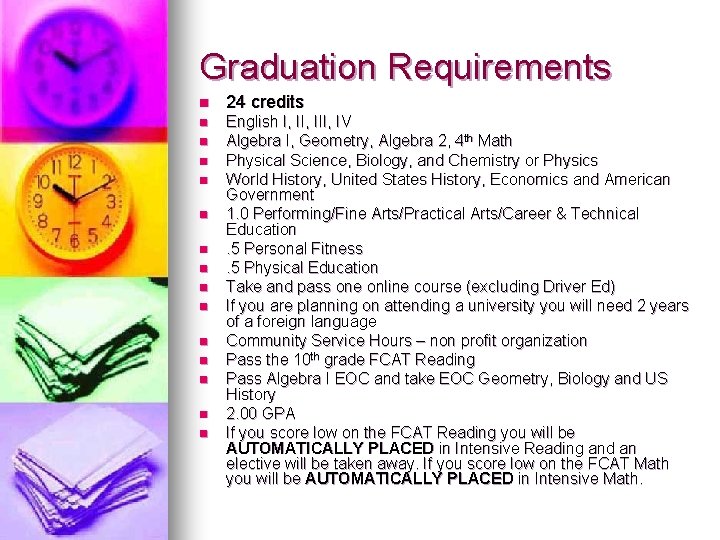 Graduation Requirements n 24 credits n English I, III, IV Algebra I, Geometry, Algebra