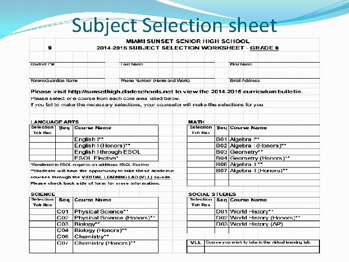 Subject Selection sheet 