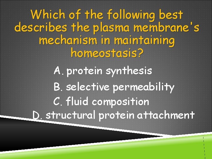 Which of the following best describes the plasma membrane's mechanism in maintaining homeostasis? A.
