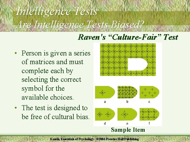 Intelligence Tests Are Intelligence Tests Biased? Raven's “Culture-Fair” Test • Person is given a