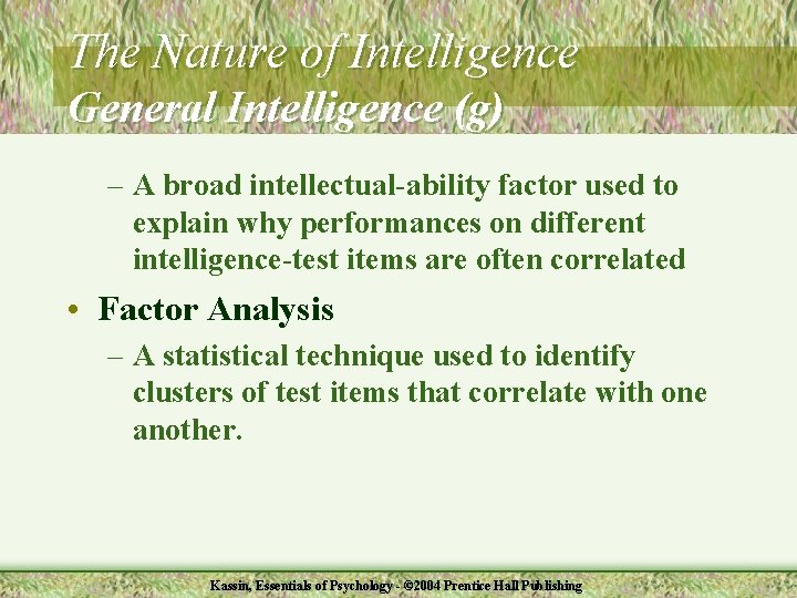 The Nature of Intelligence General Intelligence (g) – A broad intellectual-ability factor used to