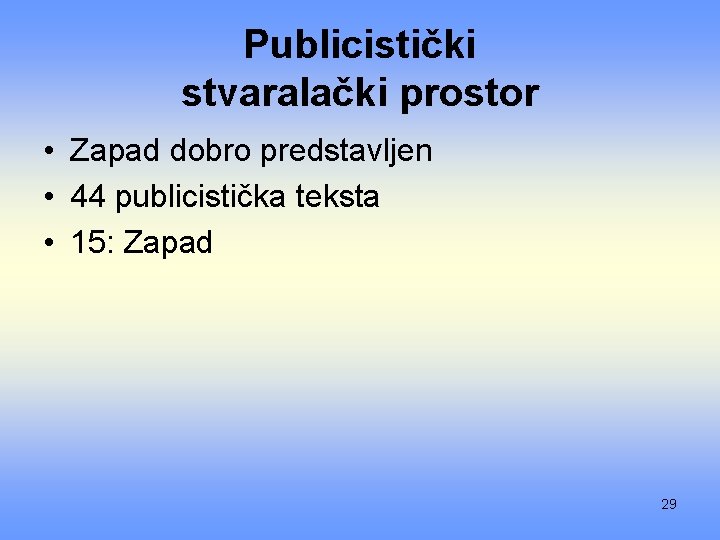 Publicistički stvaralački prostor • Zapad dobro predstavljen • 44 publicistička teksta • 15: Zapad