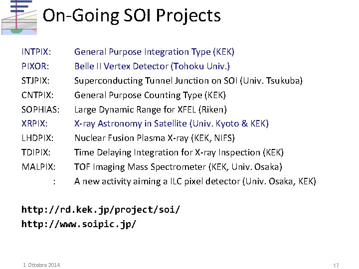 On-Going SOI Projects INTPIX: PIXOR: STJPIX: CNTPIX: SOPHIAS: XRPIX: LHDPIX: TDIPIX: MALPIX: : General