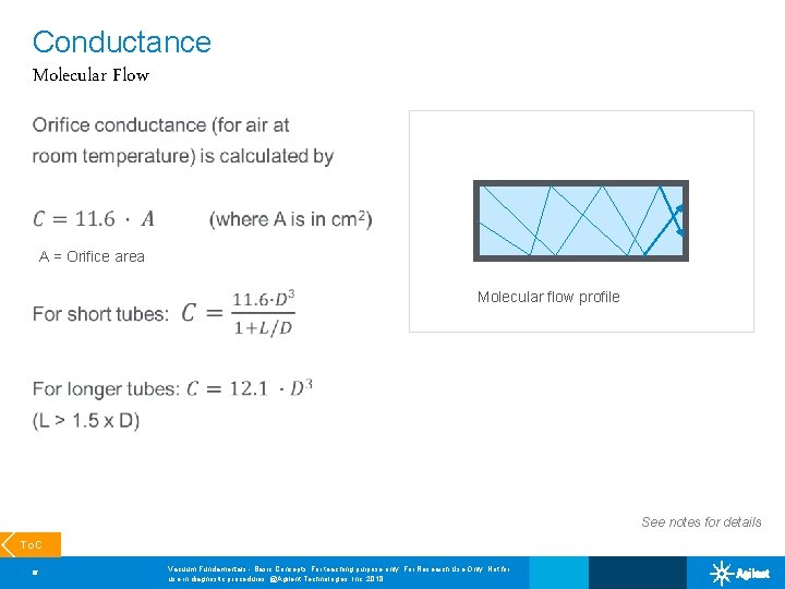 Conductance Molecular Flow A = Orifice area Molecular flow profile See notes for details