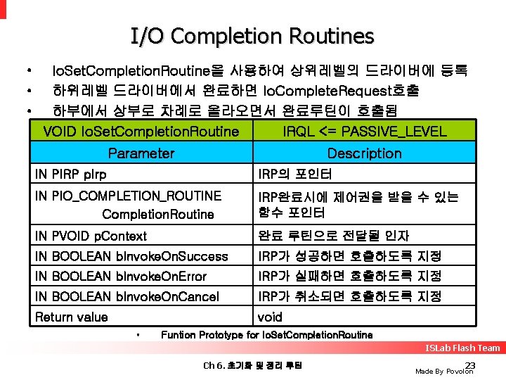 I/O Completion Routines • • • Io. Set. Completion. Routine을 사용하여 상위레벨의 드라이버에 등록