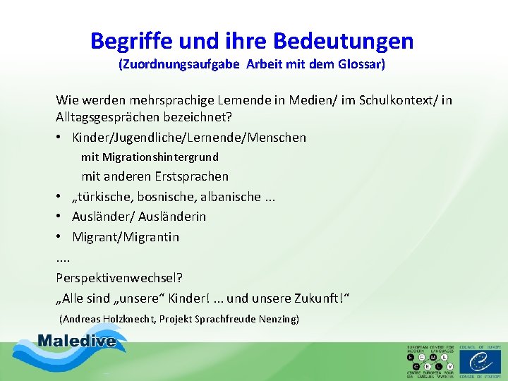 Begriffe und ihre Bedeutungen (Zuordnungsaufgabe Arbeit mit dem Glossar) Wie werden mehrsprachige Lernende in