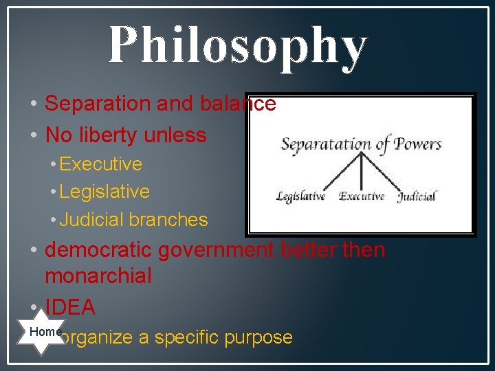 Philosophy • Separation and balance • No liberty unless • Executive • Legislative •