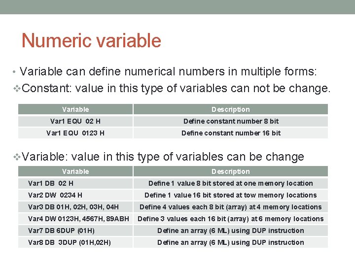 Numeric variable • Variable can define numerical numbers in multiple forms: v. Constant: value